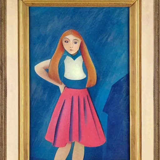 Image similar to by andre lhote atmospheric. mixed media art. a young girl stands in the center of the frame, looking off to the side. she wears a school uniform with a short skirt & a striped shirt. the background is a vivid, with wavy lines running through it.