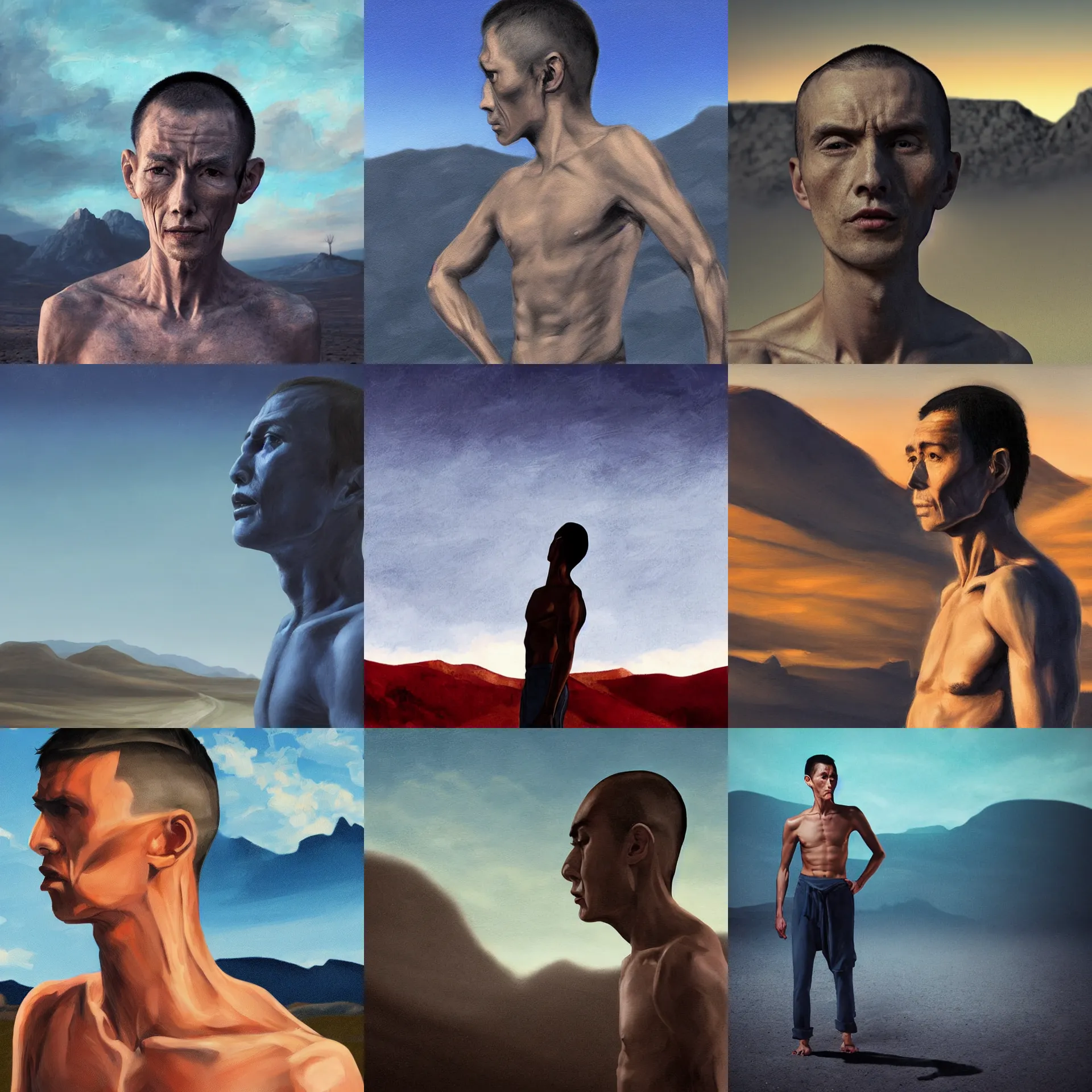 Prompt: Side view close up of a gaunt, skinny man with a large head and big eyes, a pronounced chin, a sad expression, shirtless, walking over a barren landscape at night. Hills in the background. dramatic lighting. Blue color palette. Digital art oil painting.