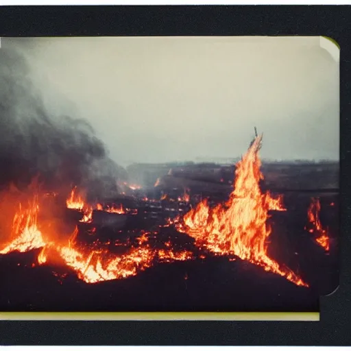 Prompt: detailed medium format photo, polaroid still from a scandinavian movie, picture of a norse village burning down, haze, high production value, intricate details, 8 k resolution, hyperrealistic, hdr, photorealistic, high definition, tehnicolor, award - winning photography, masterpiece, amazing colors