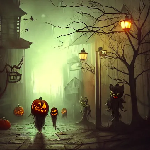 Image similar to a creepy and eery Halloween setting, with Jack o lanterns on the street and shadow figures lurking about, dynamic lighting, photorealistic fantasy concept art, stunning visuals, creative, cinematic, ultra detailed, trending on art station, spooky vibe