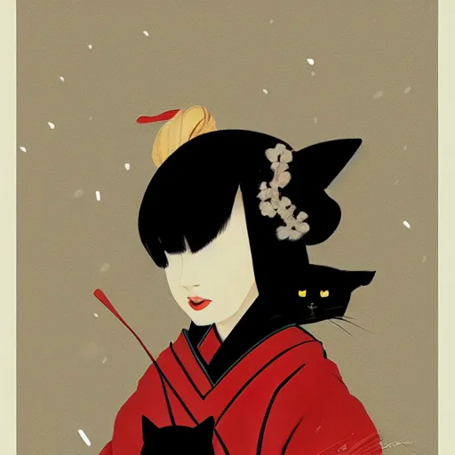 Image similar to full body icon stylized minimalist an asian girl with geisha makeup holding a cute black cat surrounded by snowflakes, loftis, cory behance hd by jesper ejsing and zdzisław beksinski and norman rockwell and greg rutkowski weta studio, and lucasfilm - c 1 0