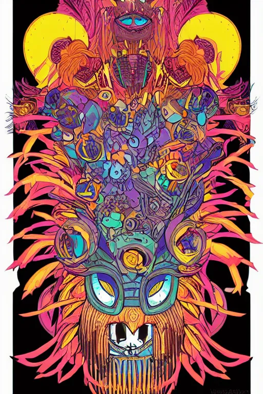 Image similar to animal mask totem roots flower tribal feather gemstone plant wood rock shaman vodoo video game vector cutout illustration vivid multicolor borderlands comics by josan gonzales and dan mumford radiating a glowing aura