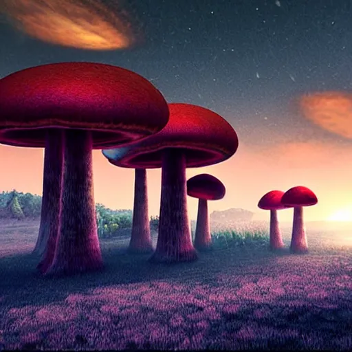 Prompt: dawn scenery landscape on jupiter planet, giant mushrooms