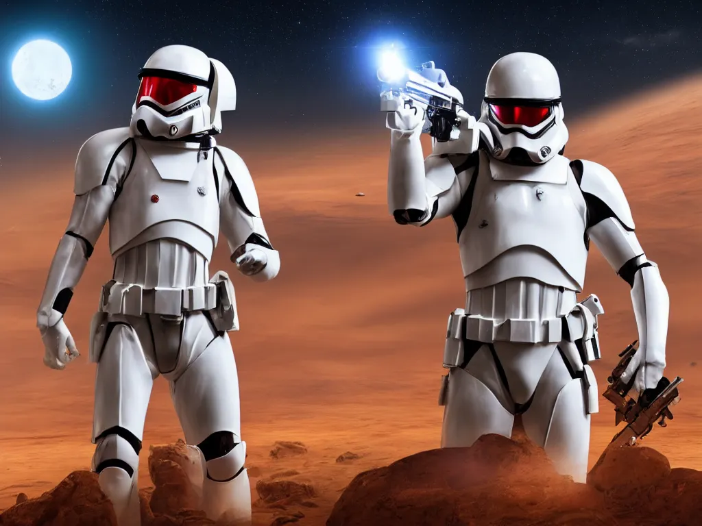 Image similar to space trooper in glossy sleek white armor with small red details, no helmet, long red cape, heroic posture, firing laser rifle, on the surface of mars, explosions in the background, night time, dramatic lighting, cinematic, sci-fi, hyperrealistic, movie still