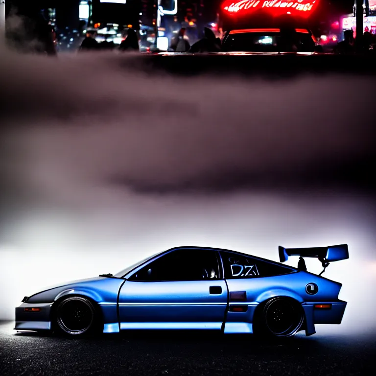 Image similar to a car 300ZX twin turbo drift at illegal car meet, Shibuya prefecture, city midnight mist lights, cinematic lighting, photorealistic, highly detailed wheels, high detail