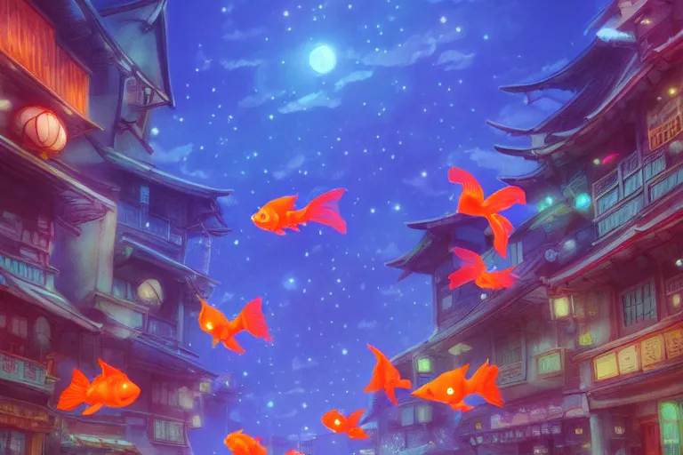 Image similar to fantasy art of glowing goldfish swimming in the air, in the streets of a japanese town at night, with children outside watching in wonder, in the style of studio ghibli and makoto shinkai, highly detailed digital art, trending on artstation