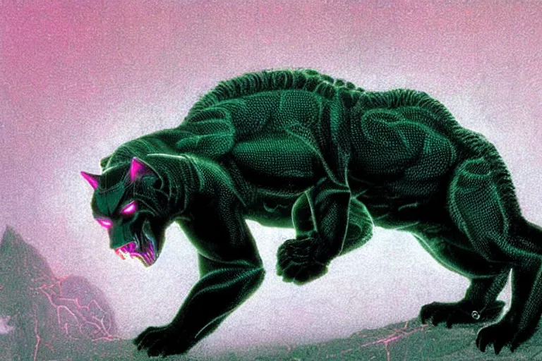 Prompt: cybernetic sabretooth panther, metallic, made of neon light, volumetric lighting, by caspar david friedrich and wayne barlowe and ted nasmith