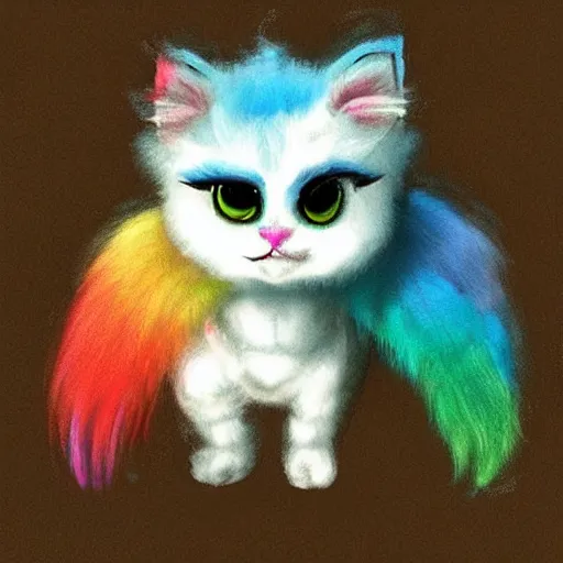 Image similar to wide angle full body, jacket wearing fluffy cute rainbow kitten wearing a black leather motorcycle jacket, concept art