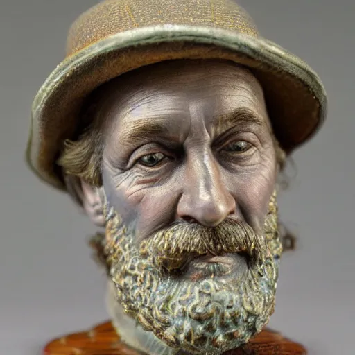 Image similar to hyper realistic closeup bust of a new england fisherman, the dude, painted, colorized, bossons vintage chalkware, by emile renouf