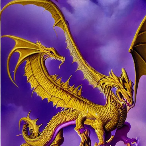 Image similar to purple and gold dragon by Boris Vallejo ultra detail