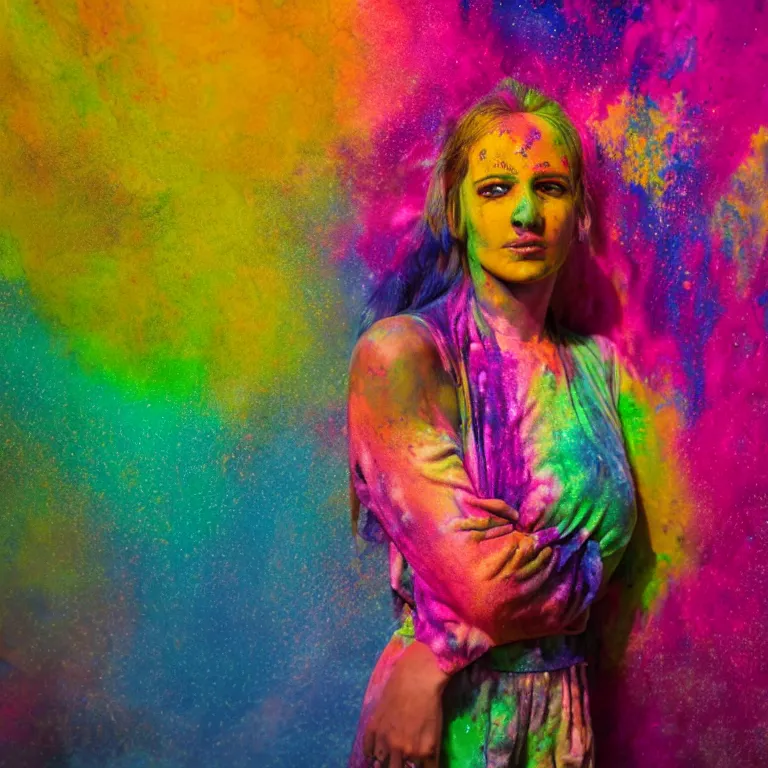 Prompt: octane render portrait by wayne barlow and carlo crivelli and glenn fabry, a woman wearing a skintight bright colorful tie - dye bedsheet costume, inside an incredible colorful holi celebration, backlit, dramatic lighting, fog and mist, cinema 4 d, ray traced lighting, very short depth of field, bokeh