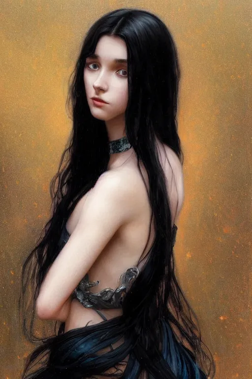 Image similar to portrait of teenage girl with long glossy black hair, blue eyes, glowing skin, fashion model features, fantasy, intricate, elegant, black dress, highly detailed, digital painting, artstation, concept art, smooth, sharp focus, illustration, art by Krenz Cushart and Artem Demura and alphonse mucha