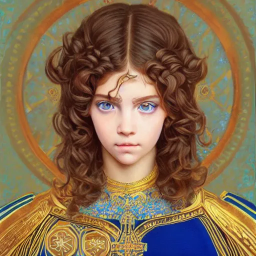 Image similar to a little girl with short wavy curly light brown hair and blue eyes, a space empress in byzantine style. beautiful highly detailed face, painting by ilya kuvshinov and raymond swanland