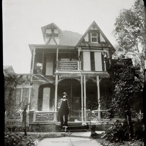 Image similar to Image from the haunted mansion next door, a person is standing in the window, black and white photography