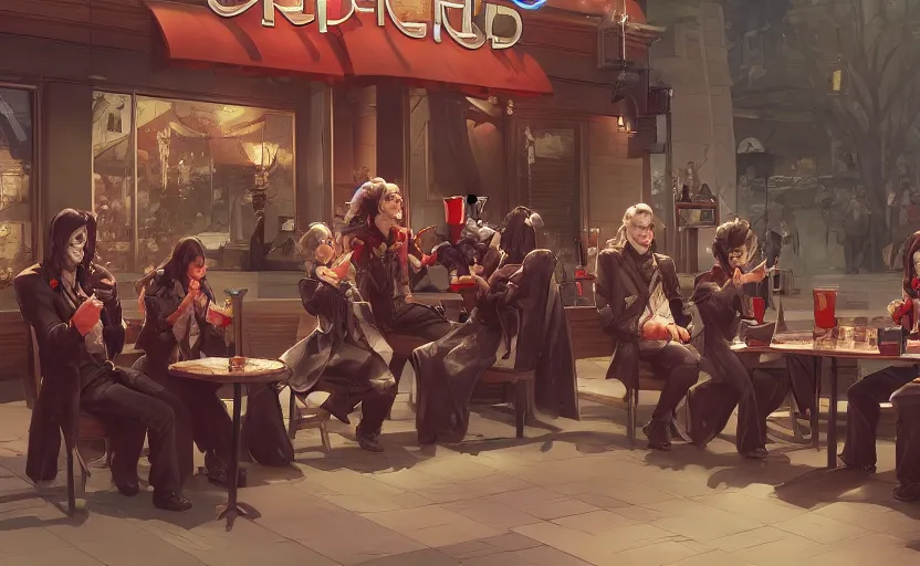 Prompt: group of vampires chilling at mcdonalds, fine details by stanley artgerm lau, wlop, rossdraws, james jean, andrei riabovitchev, marc simonetti, and sakimichan, trending on artstation