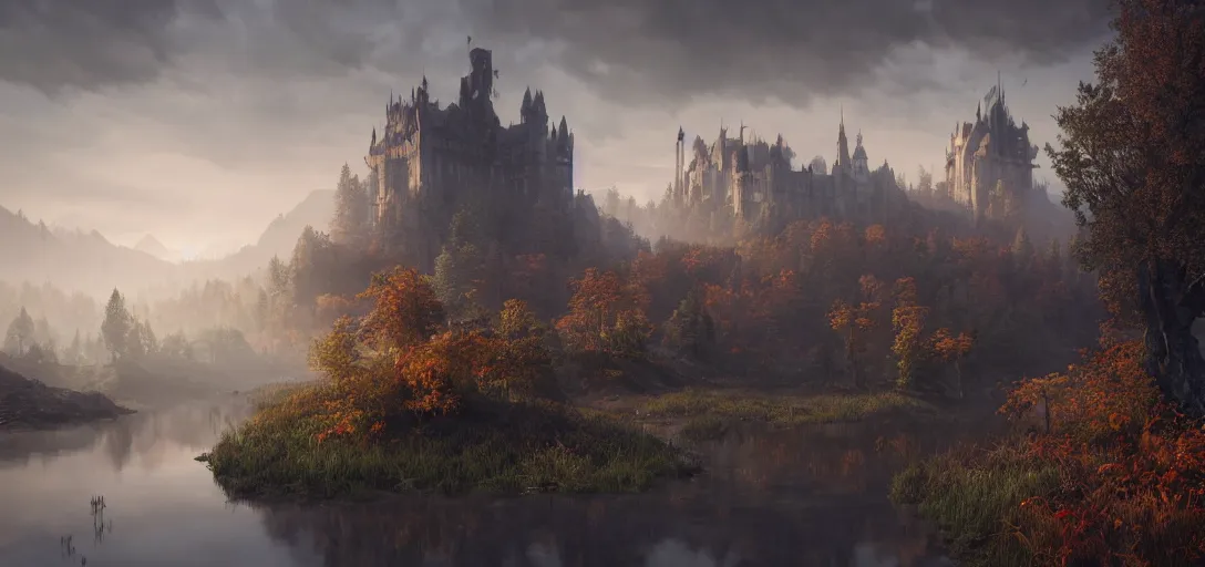 Prompt: beautiful render of a autumn landscape, unreal engine, dark fantasy style, first light, majestic mountains, swamps, morning mist, dramatic clouds, big castle ruin, soft light, octane render, by greg rutkowski, cgsociety