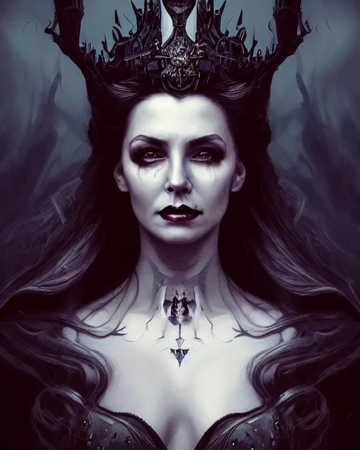 Image similar to portrait of an evil queen, dark magic, beautiful face, attractive young woman,heroic pose, full body, dramatic lighting, dark and horror, dust and blood, intricate, wild, highly detailed, digital painting, artstation, concept art, smooth, sharp focus, illustration, art by artgerm and greg rutkowski and alphonse mucha, footage from space camera