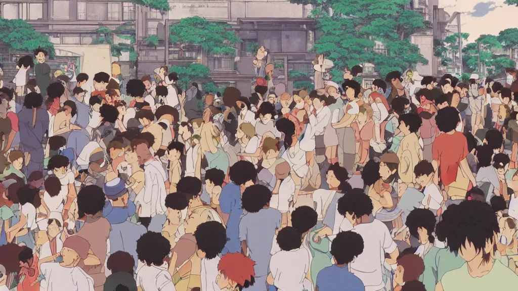 Prompt: a movie still from a studio ghibli film showing a hip hop party in the bronx, new york. by studio ghibli