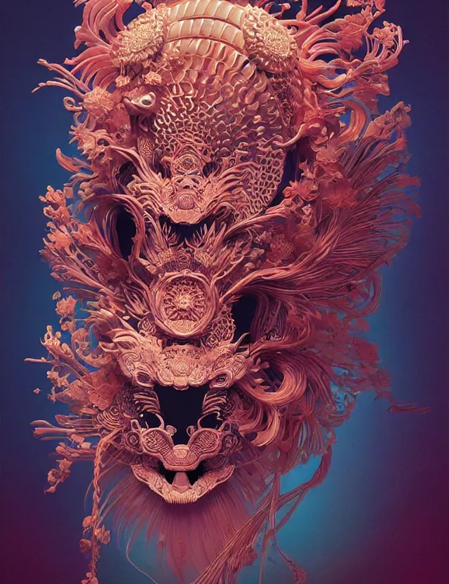 Image similar to simple coherent artwork. 3 d goddess close - up 3 / 4 portrait with ram skull. beautiful intricately detailed japanese crow kitsune mask and clasical japanese kimono. betta fish, jellyfish phoenix, bio luminescent, plasma, ice, water, wind, creature, artwork by tooth wu and wlop and beeple and greg rutkowski