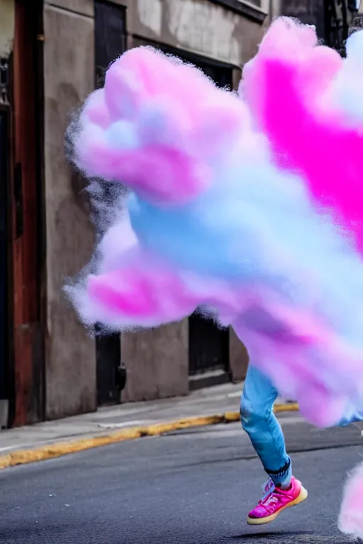 Prompt: a man made out of cotton candy running down the street, 4k, high quality