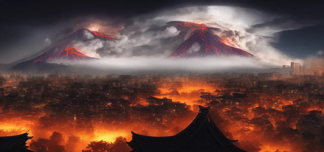 Image similar to view of an ancient japanese city at night, erupting volcanoes in the background, dramatic clouds, glowing fog, dramatic lighting, ultra detailed, sharp, ambient occlusion, raytracing, by greg rutowski, paul chadeisson and jessica rossier