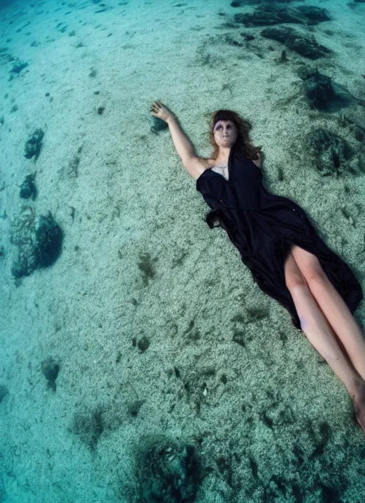 Prompt: long female dress abandoned on the bottom of the sea