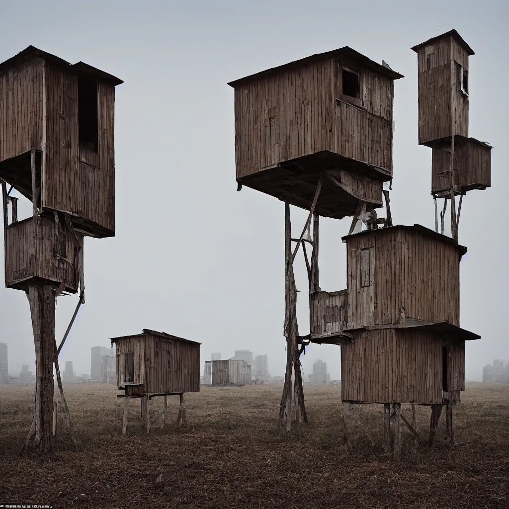 Image similar to two high towers, made up of makeshift squatter shacks with faded colours, plain uniform sky at the back, uneven fog, mamiya, fully frontal view, ultra sharp, very detailed, photographed by julie blackmon