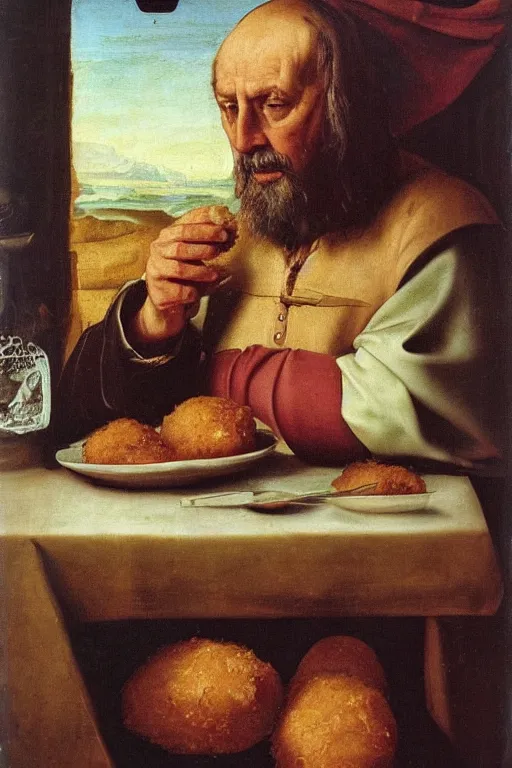 Prompt: mi grandfather eating croquettes, renaissance oil painting, dark environment