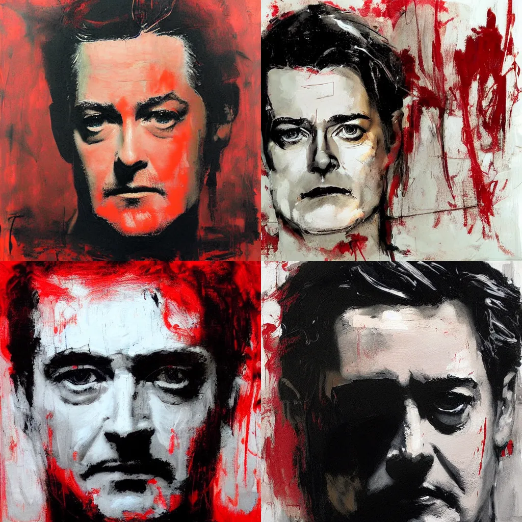 Prompt: painting Kyle MacLachlan Twin Peaks in red room by Guy Denning