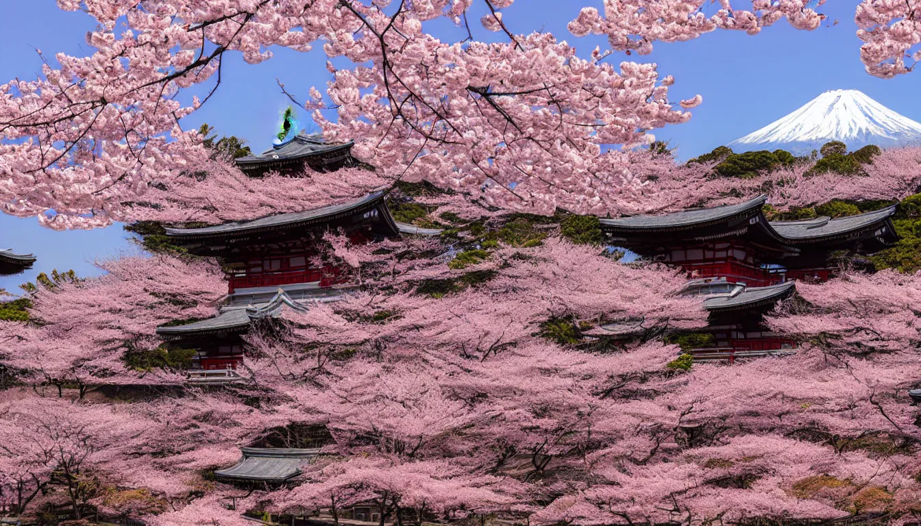 Prompt: a Shinto temple in the midst of a Sakura garden, mount Fuji in the background, stunning japanese aesthetics, studio photography, highly detailed