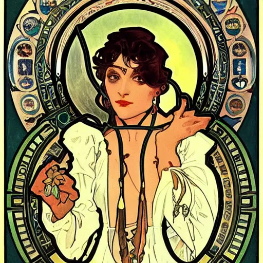 Prompt: occult detective, painted by alphonse mucha