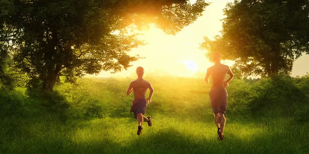 Prompt: A young man running through a lush green countryside, with the sun setting over the sea, trending on artstation, 4k, soft focus