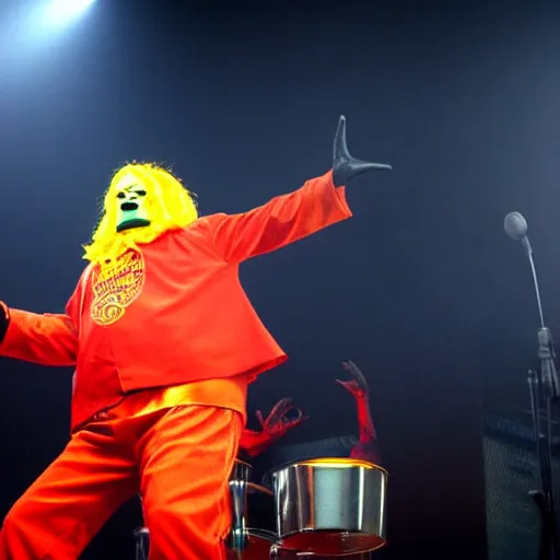 Prompt: ronald mcdonald performing with slipknot