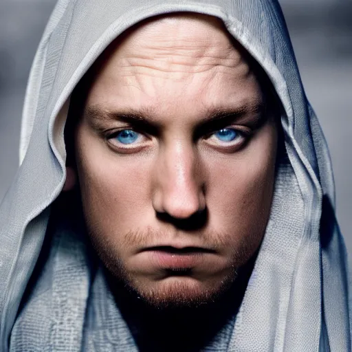 Image similar to closeup portrait of eminem converts to islam, depth of field, zeiss lens, detailed, symmetrical, centered, fashion photoshoot, by Annie Leibovitz and Steve McCurry, David Lazar, Jimmy Nelsson, Breathtaking, 8k resolution, extremely detailed, beautiful, establishing shot, artistic, hyperrealistic, beautiful face, octane render