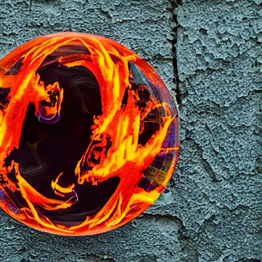 Image similar to soap bubble covered in fire flames, centered