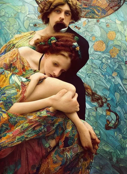 Image similar to detailed colourful masterpiece of art nouveau photography by anne leibovitz couple portrait sat down extreme closeup, love, inside an underwater train, detailed realistic expressions, wearing unusual clothes, by william powell frith frederic leighton and john william waterhouse, ultra wide angle