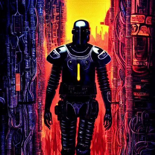 Image similar to keanu reeves as cyberpunk knight, atmospheric lighting, painted, intricate, golden hour, ultra detailed by philippe druillet