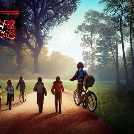 Prompt: stranger things kids riding into woods, adam adamowicz illustration character design concept, unreal 5, d