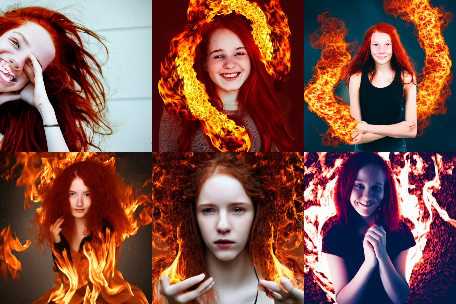 Prompt: a red haired brown eyed teenage girl surrounded by rings of flames and wisps of fire smiling maliciously. By Lukas Esch