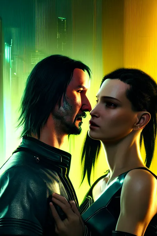 Image similar to cyberpunk 2077 couple portrait of Keanu Reeves and V in love story, fantasy, captivating dynamic facial expression, intricate, elegant, dramatic lighting, emotionally evoking symbolic metaphor, highly detailed, lifelike, photorealistic, digital painting, artstation, concept art, smooth, sharp focus, illustration, art by John Collier and Albert Aublet and Krenz Cushart and Artem Demura and Alphonse Mucha