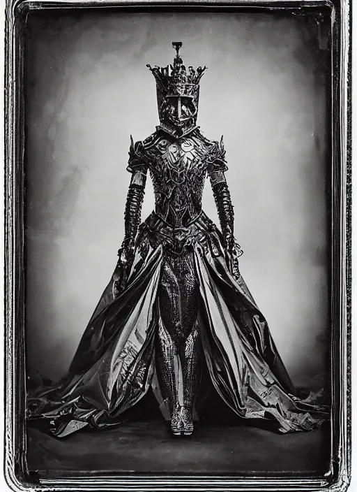 Image similar to old wetplate daguerreotype frame portrait of a futuristic silver armored queen elisabeth emperor district 9 cyborg, fractal, intricate, elegant, highly detailed, subsurface scattering, by jheronimus bosch and greg rutkowski and louis jacques mande daguerre