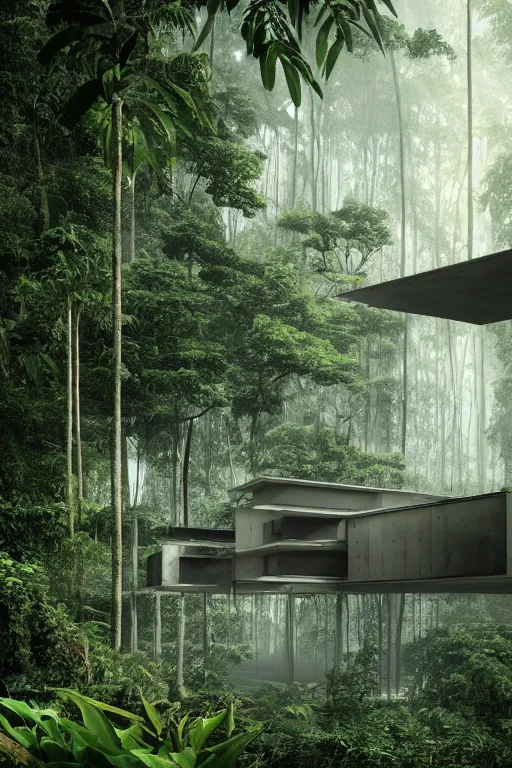 Image similar to architecture inspired by le corbusier in the rainforest. nature is taking over. upside down. metabolism. matte painting. octane render. hdr. volumetric lighting. global illumination. atmospheric.