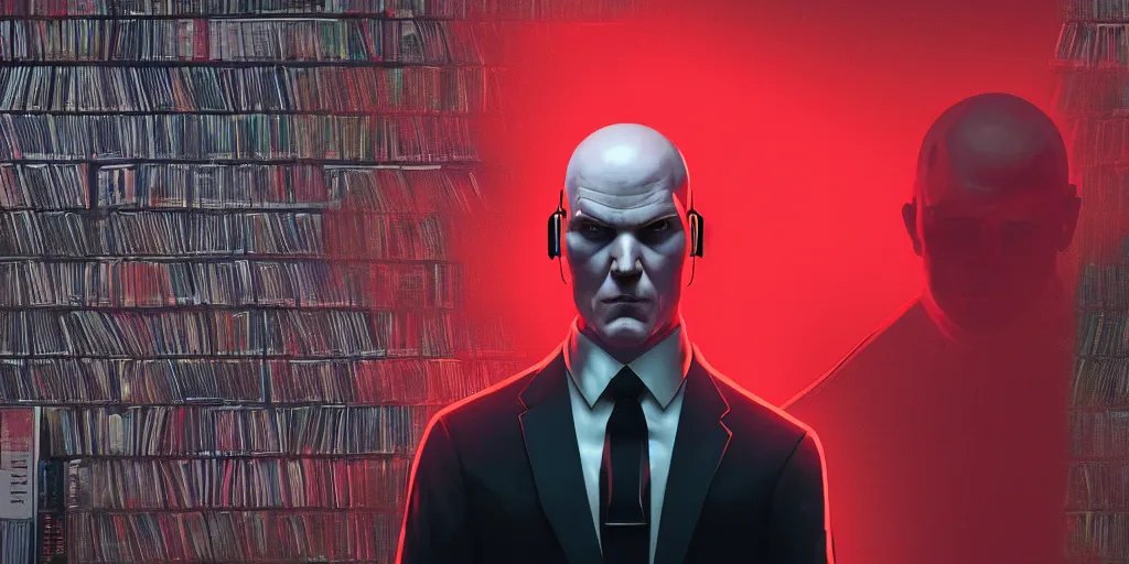 Prompt: a portrait of agent 4 7 from hitman wearing headphones in front of a wall of vinyl records, head being lit by red rim light, digital art, artstation, art by giger stalenhag