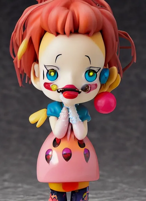 Image similar to a hyperrealistic lowbrow oil panting of a sad clown kawaii vocaloid figurine caricature with pretty sparkling anime eyes ugly crying with big tears running down her face featured on wallace and gromit by arthur szyk