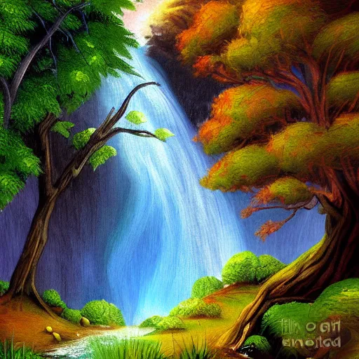 Image similar to A beautiful waterfall landscape painting, digital art