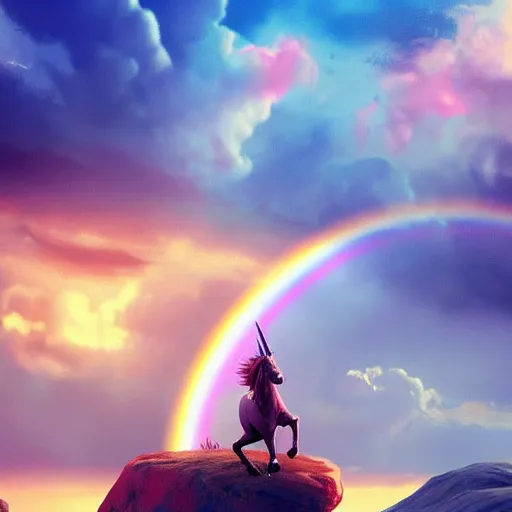 Image similar to a unicorn standing on its back legs, rainbow in the background, dramatic lighting, cinematic, establishing shot, extremely high detail, photo realistic, cinematic lighting, post processed, concept art, artstation, matte painting, style by eddie mendoza, raphael lacoste, alex ross