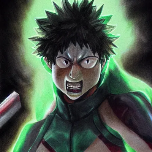 Prompt: Izuku Midoriya crying blood from his swollen eyes, Greg Rutkowski pencil painting