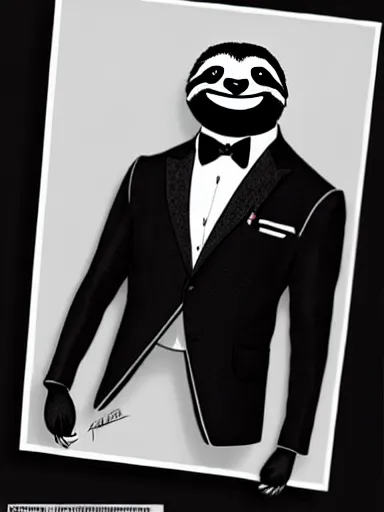 Prompt: a sloth wearing a tuxedo : : by frank miller, artgerm, todd mcfarlane : : gq, debonair, stylish, impeccable, photorealism, graphic novel, digital illustration, digital art