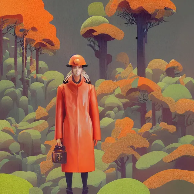 Image similar to portrait of alone androgynous girl wearing long orange vintage leather coat and wearing giant modular synthesizer 8 0 s sony stereo helmet and backpack. bakelite cliffs, moss green japanese forest background, ultrafine hyperdetailed illustration by hsiao - ron cheng and artgerm, the grand budapest hotel, glow, no crop, digital art, artstation, pop art