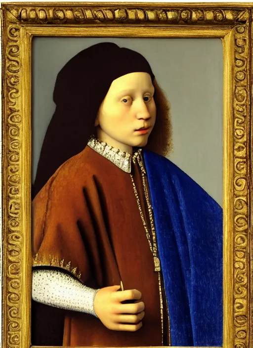 Prompt: portrait of a young king with a crown, medieval painting by Jan van Eyck, Johannes Vermeer, Florence